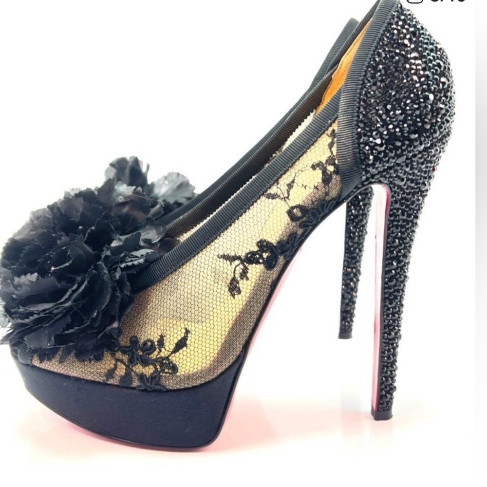 Christian Louboutin Tsar 140 Black Lace & Swarovski Crystal Platform Pumps 39